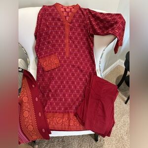 Red and Orange Patterned Kurta Set